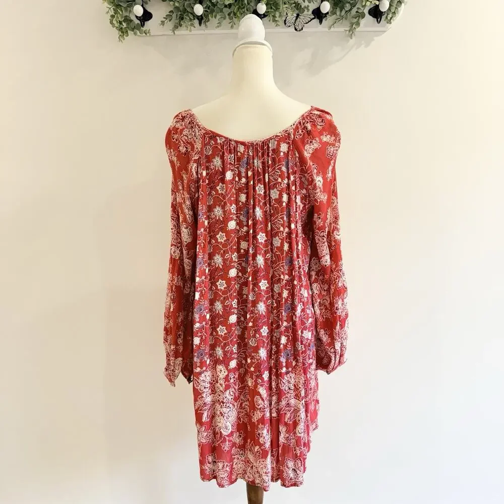 Free People Lucky Loosey Mini Dress Blood Orange Combo Boho Size Medium ZZ12 NEW